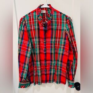 Ruffle Collar and Cuffs Plaid Red and Green Taffeta Top. Lord & Taylor - Small